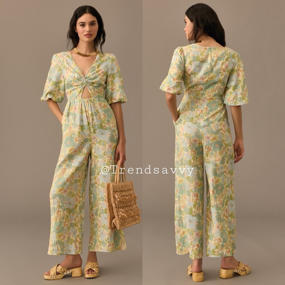 Anthropologie Sancia Aida Green Floral Cutout Wide Leg Jumpsuit Resort Wear S